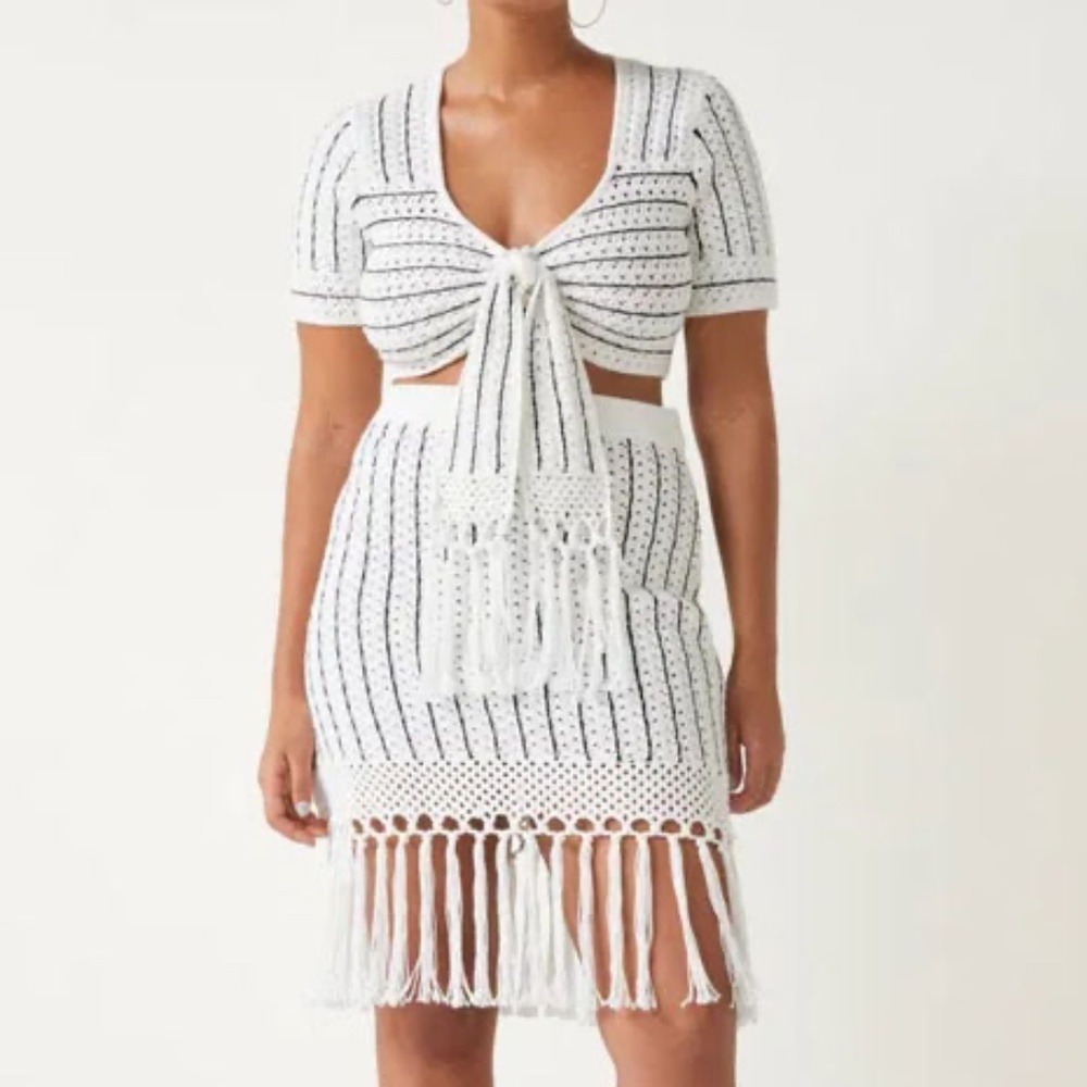 Coachella Vibe Fringed Cotton Crochet Mini Skirt & Top size S